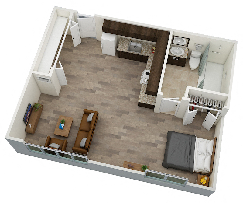Studio 409 square foot floor plan at Villa San Carlos Senior Apartments